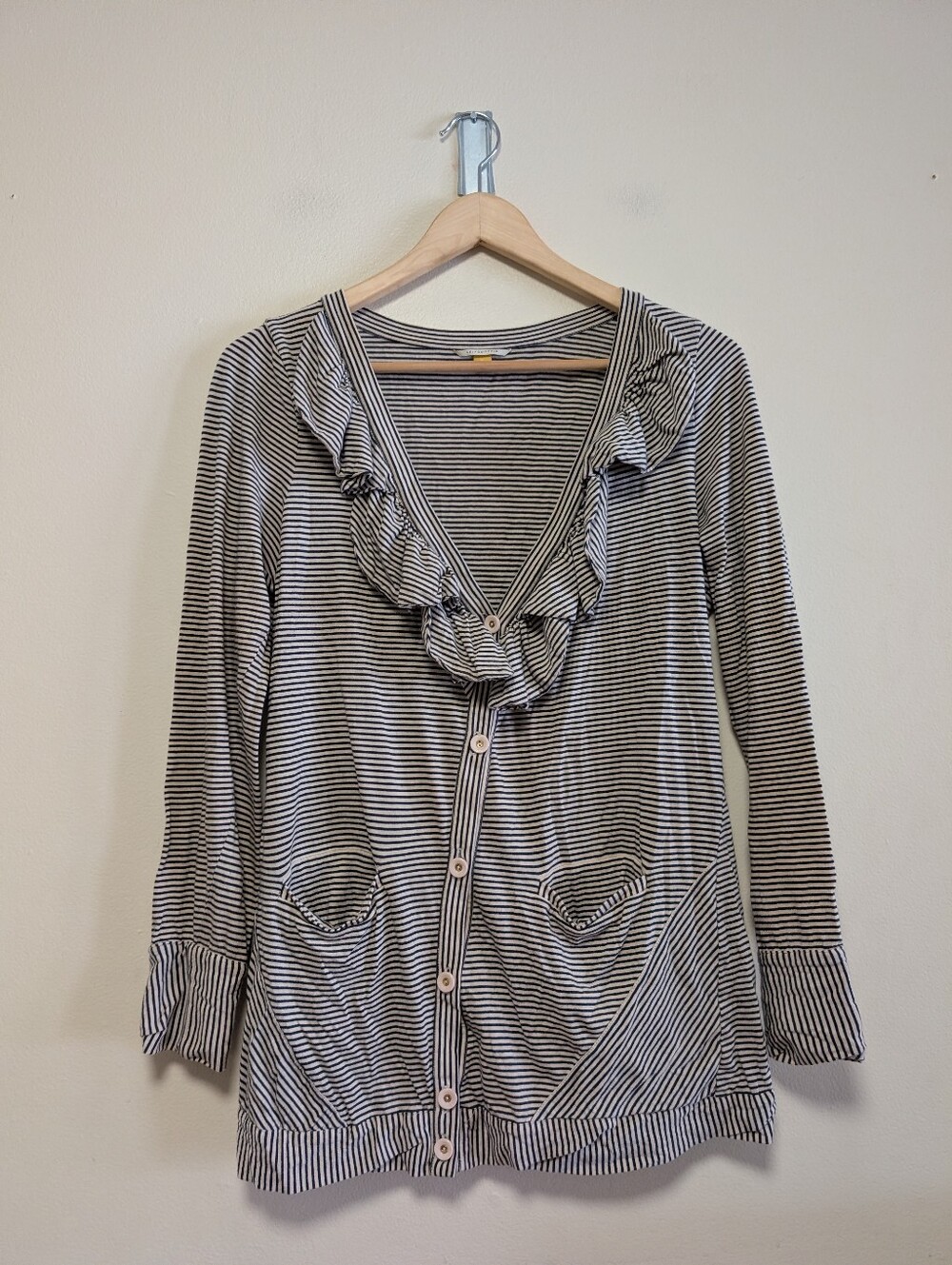 Leifsdottir Anthropologie Striped Ruffle Cardigan Medium Nautical Cotton